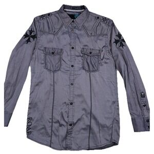 Roar Spectrum Mens L Western Button Up‎ Pocket Light Purple Gray Stripe Tribal